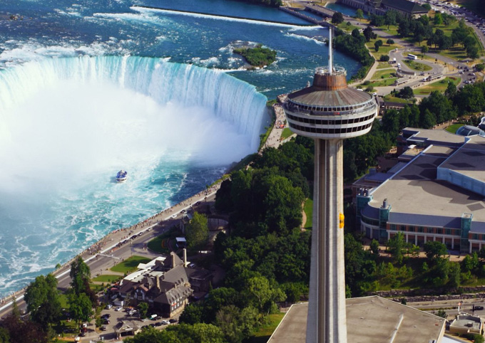 Skylon Tower visible during Niagara Falls boat tour